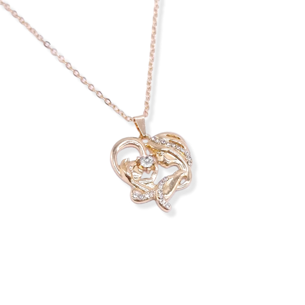 Mother & Baby Clear Crystal Heart Pendant Gold Plated on 16" Chain
