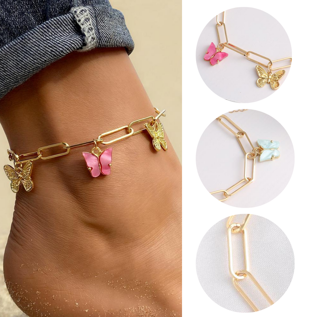 Gold Multi Colour Butterfly Charm Chain Anklet
