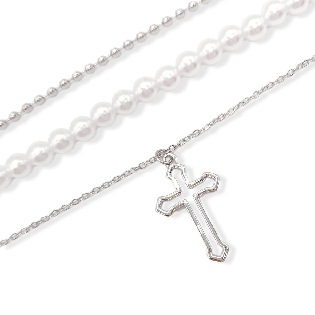 Multi Layered 3 Row Hollowed Out Pearl Bead & Cross Necklace