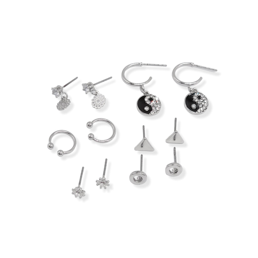 6 Pack Silver Yin-Yang Triangle Flower Earrings