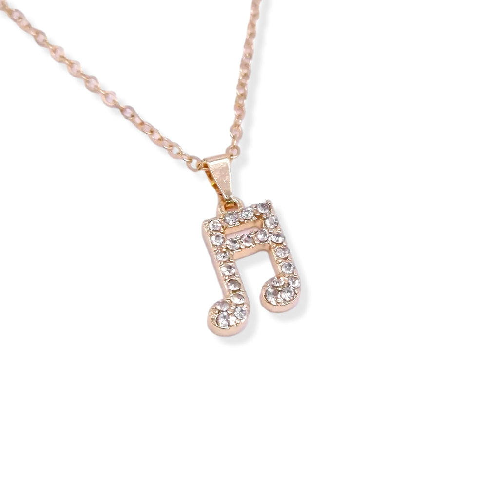 Music Note Charm Crystal Pendant on 16" Chain Necklace Gold Plated