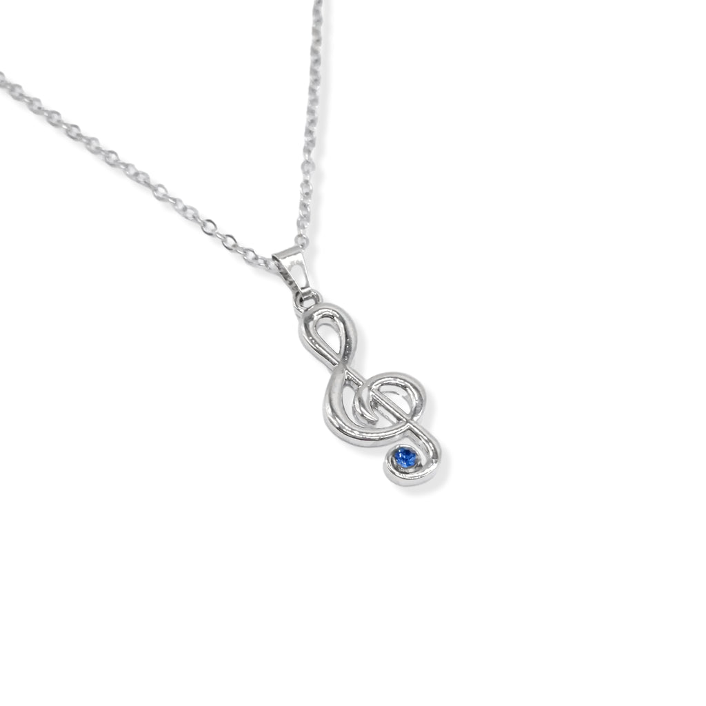 Treble Clef Pendant With Blue Birthstone Charm On 16" Silver Plated Chain