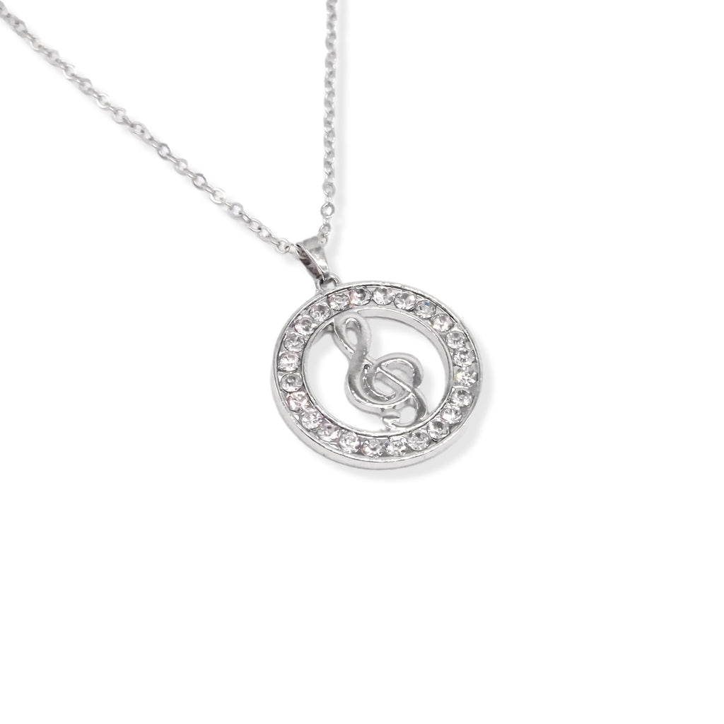Silver Plated Clear Crystal Coin Treble Clef Pendant on 16" Chain