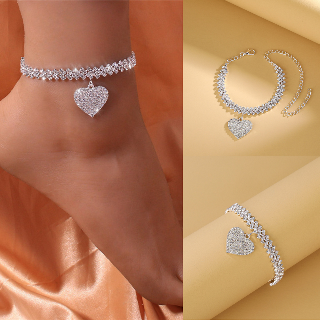 Diamante Heart Chain Silver Anklet