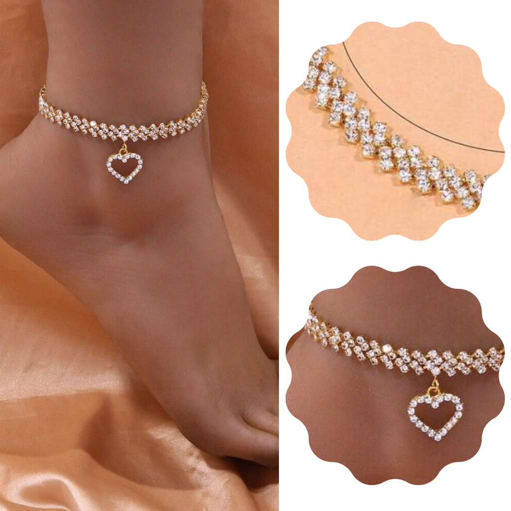 Gold Cut Out Heart Diamante Crystal Anklet