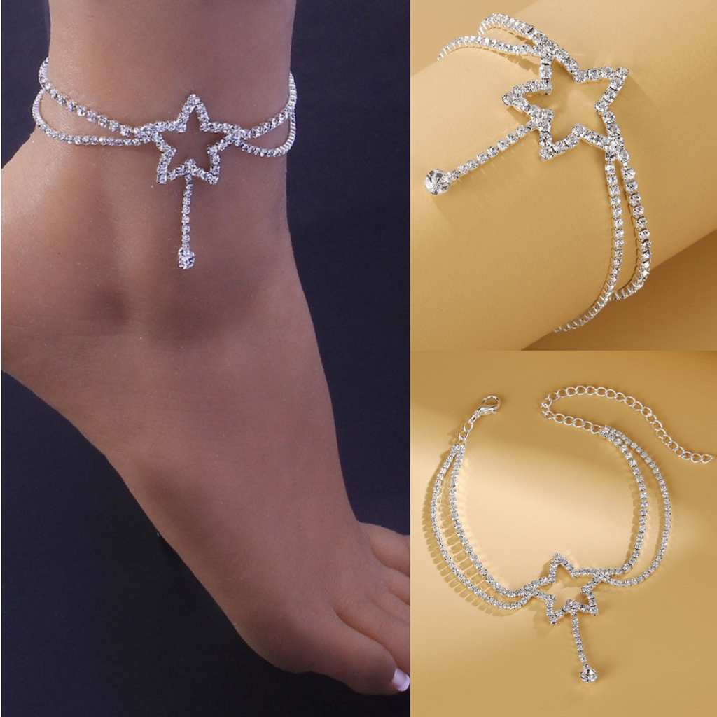 Star Cut Out Double Layer Diamante Silver Anklet