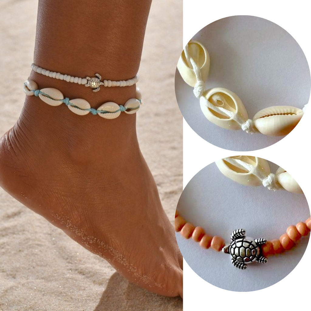 White Sea Shell Orange Bead Turtle Anklet