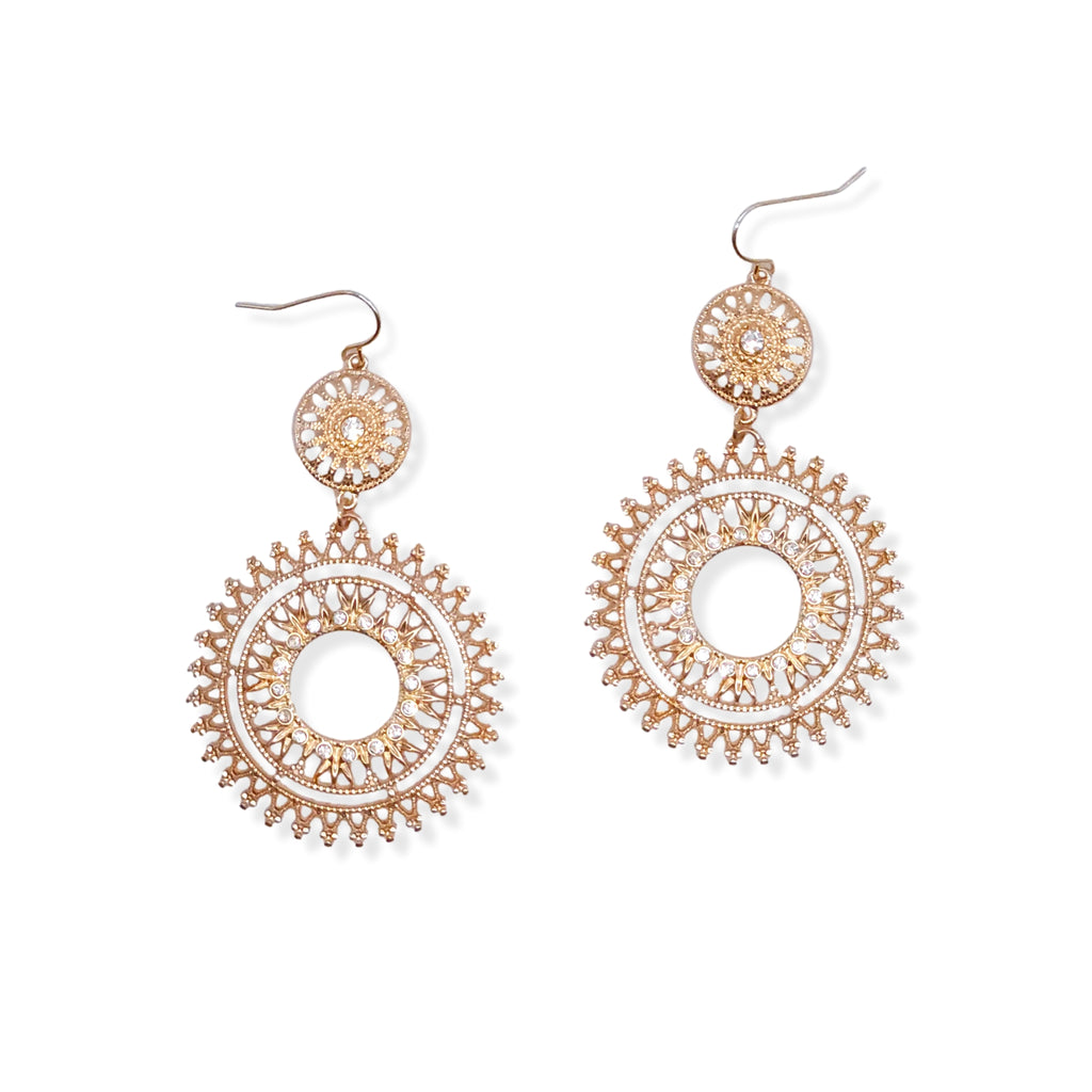 Precision Cut Bohemian Circle Filigree Drop Earrings