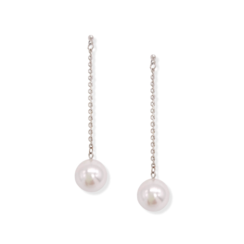 Rhodium Plated Pearl Chain Drop Stud