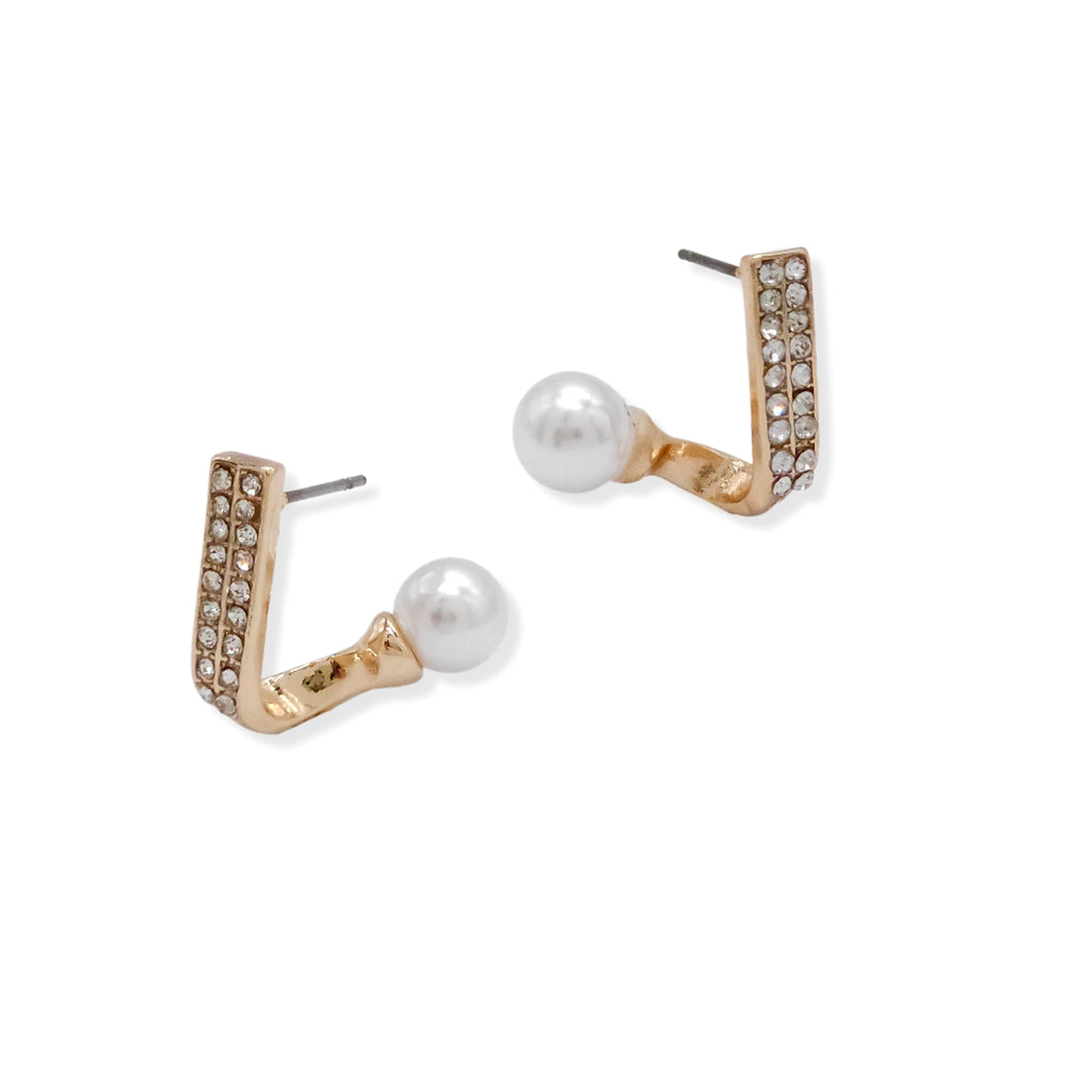 Curve Geometric Diamond Faux Pearl Stud Earrings Gold Plated