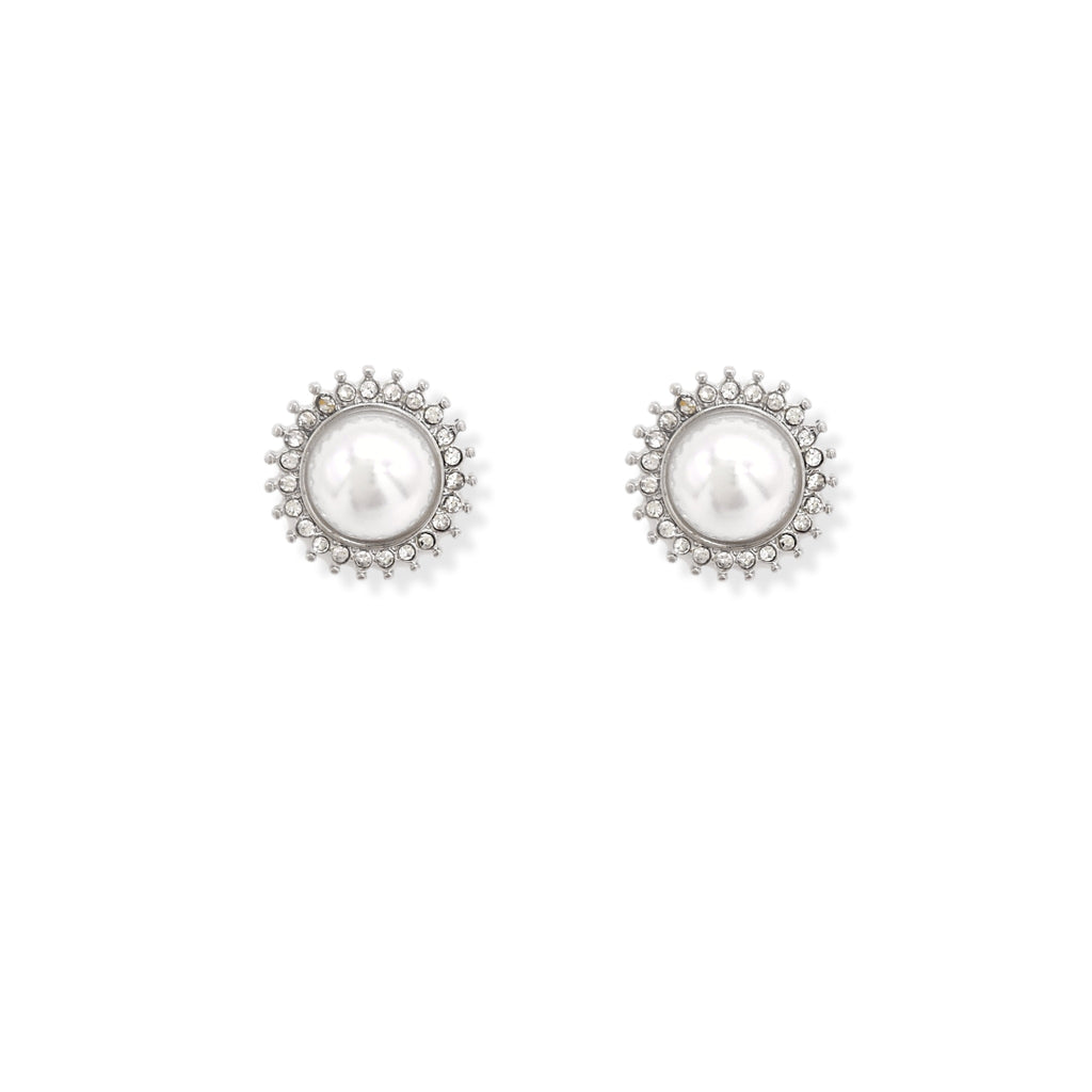 Silver Plated Zircon Edged Round Faux Pearl Stud
