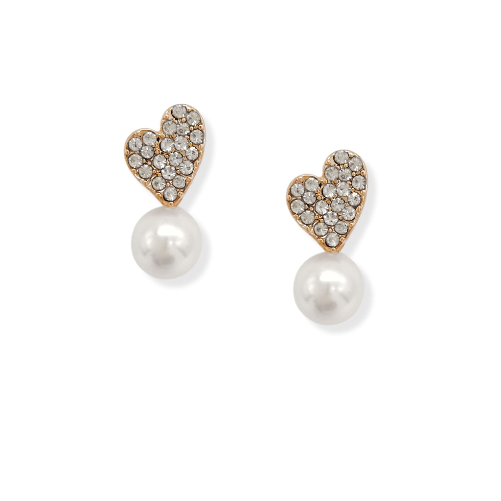 Faux Pearl Heart Dangly Stud Gold Plated Earring