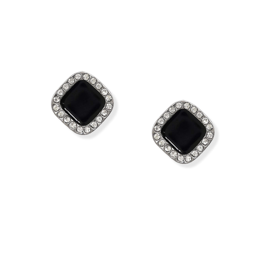 Black Enamel Crystal Stone Silver Plated Square Stud