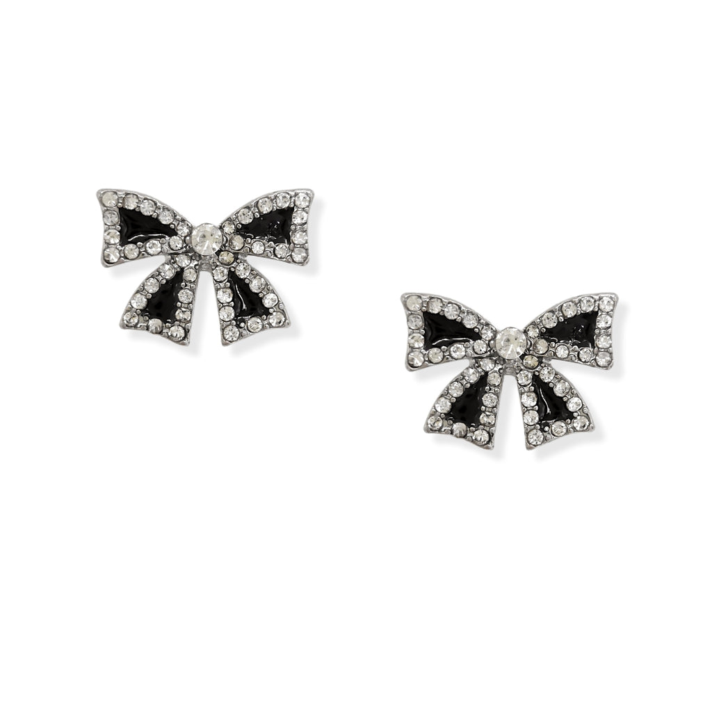 Black Enamel Silver Plated Rhinestone Bow Stud