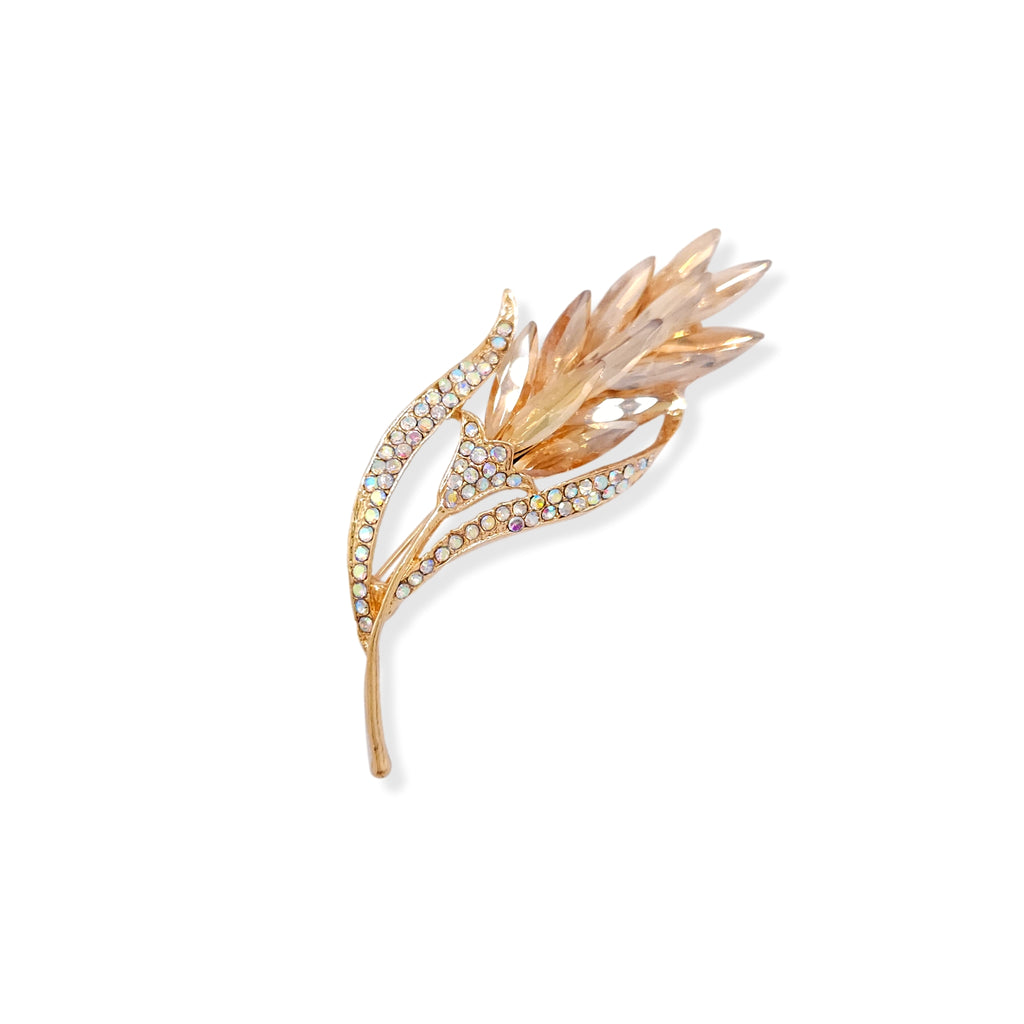 Wheat Ear Brooch Pin Corsage With Elegant Stones Gold Plated