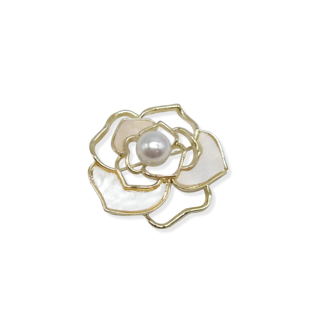 Camellia Flower Pearl Brooch Gold Plated with White Enamel
