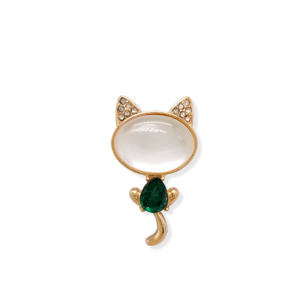 Cat Emerald Crystal & Pearl Stone Brooch Gold Plated