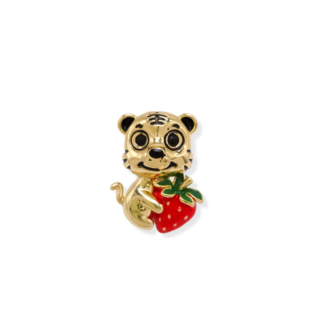 Miniature Cute Gold Plated Tiger Strawberry Brooch