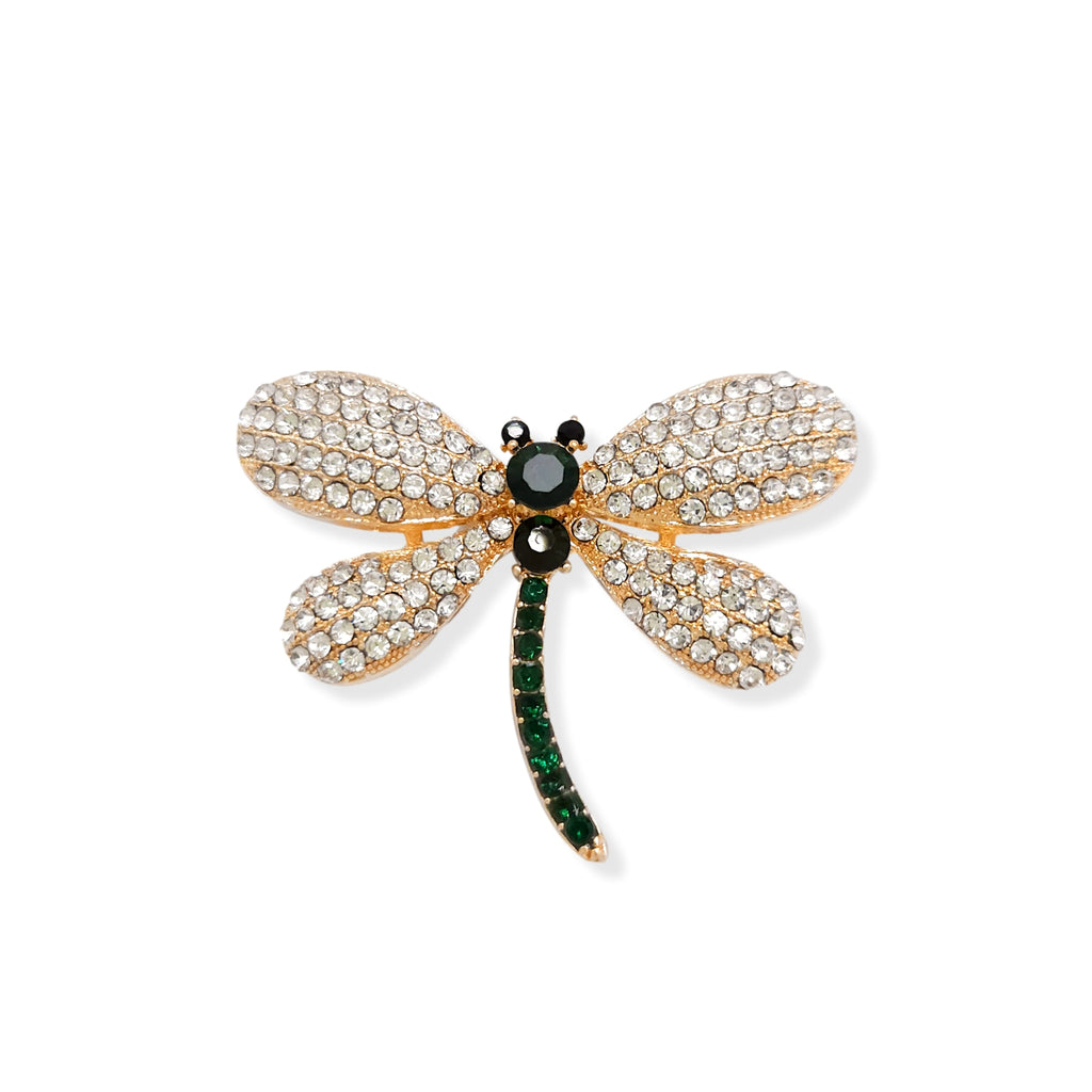 Glamorous Rhinestone Crystal Emerald Dragonfly Brooch