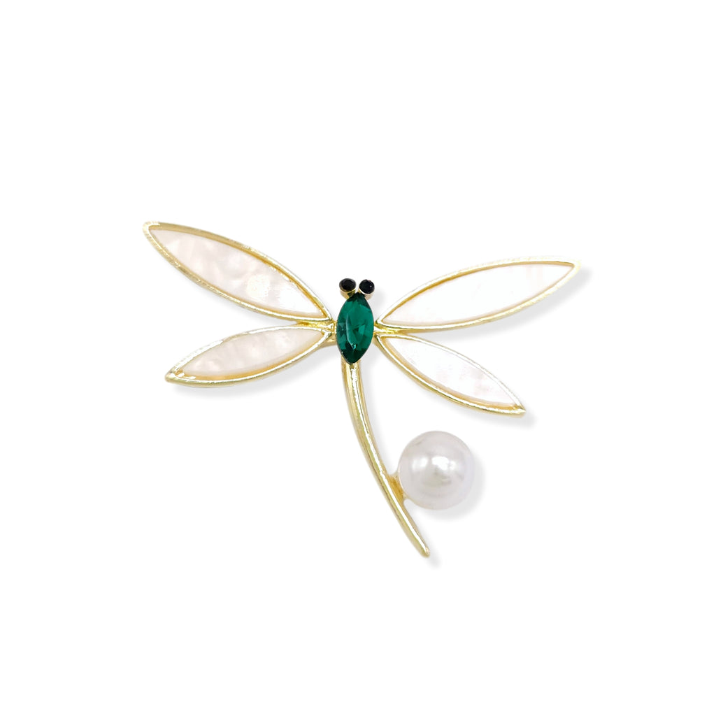 Dragonfly Emerald Stone Enamel Pearl Gold Plated Brooch