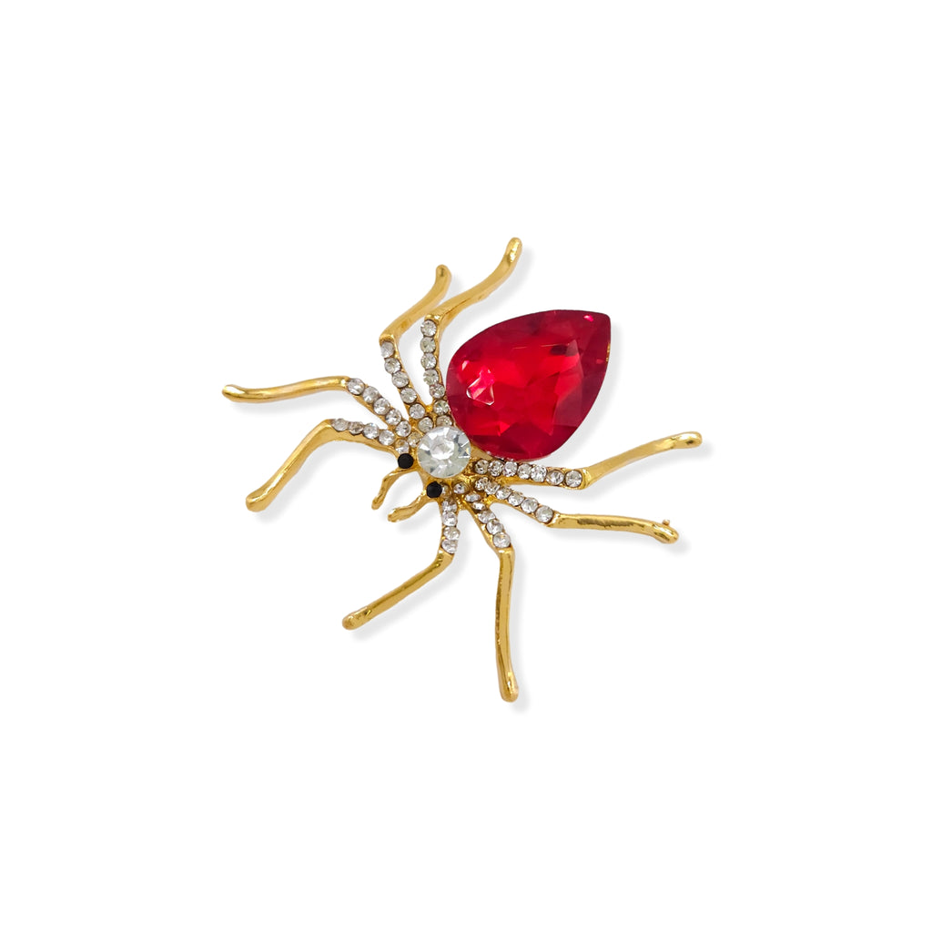 Gold Plated Crystal Rhinestone Ruby 8 Legged Spider Brooch