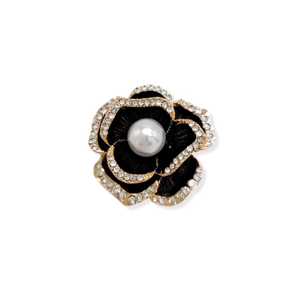 Faux Pearl Black Enamel Gold Plated Floral Brooch