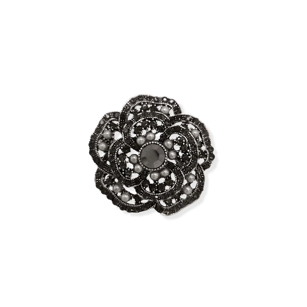 Gunmetal Black Filigree Rhinestone Floral Brooch