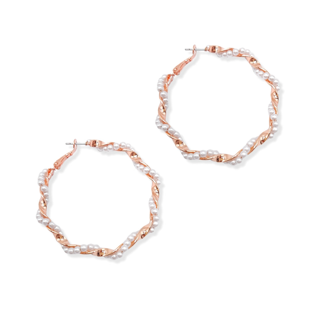 Twisted Pearl Hoops Earring In Rose Gold & Silver Plating