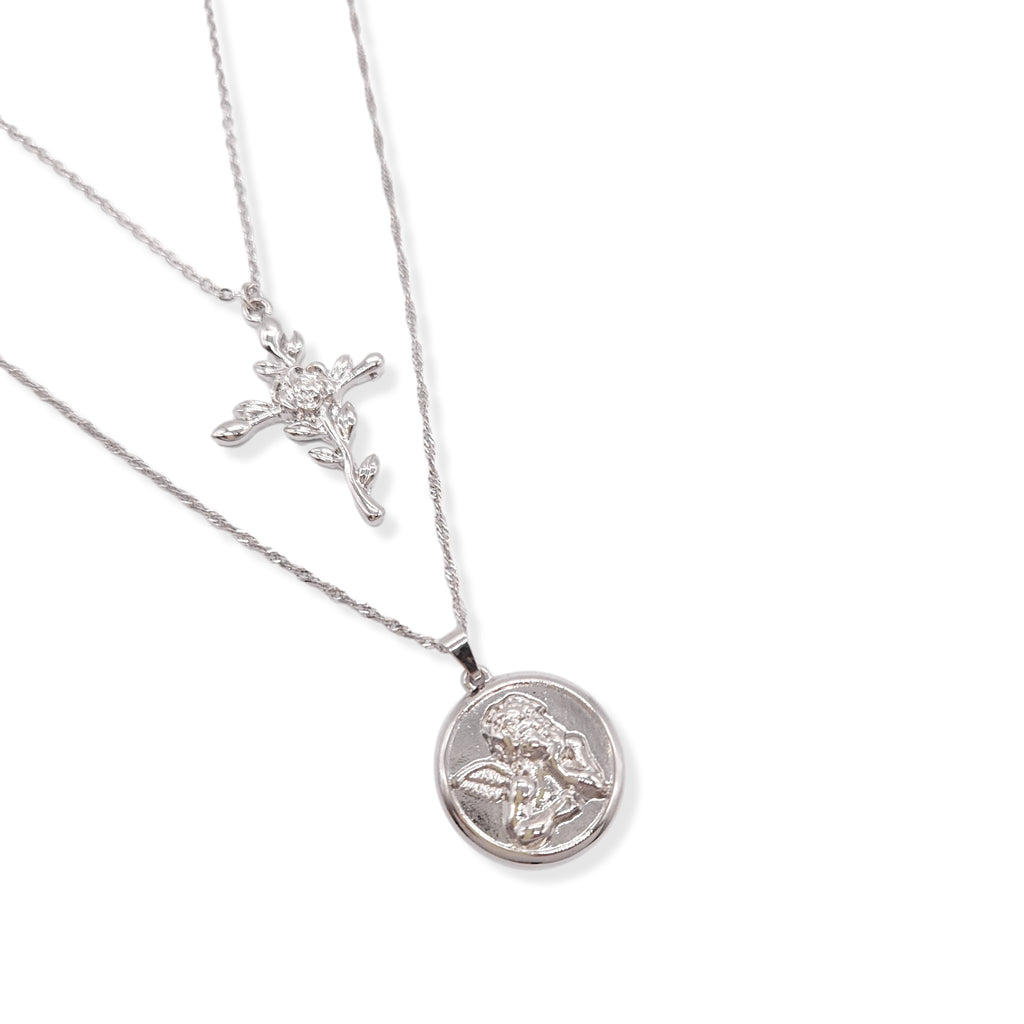Cherub Coin Pendant with Rose Cross Double Layer Chain Necklace