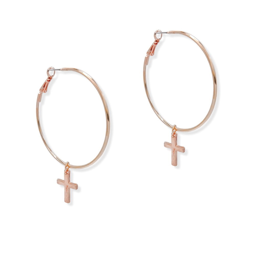Sleeper Hoop Cross Charm Earring In Rose Gold Gold Silver Plating