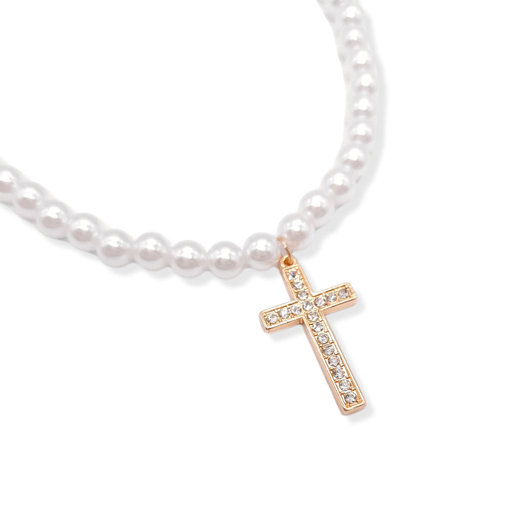 Pearl & Diamante Stone Crossed Necklace