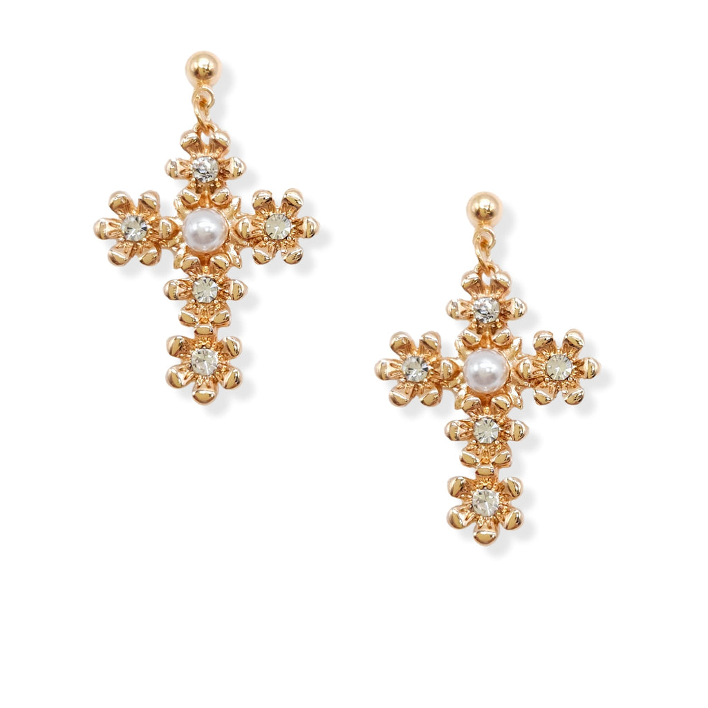 Textured Cross Stone Effect Dangly Earring Gold Plated