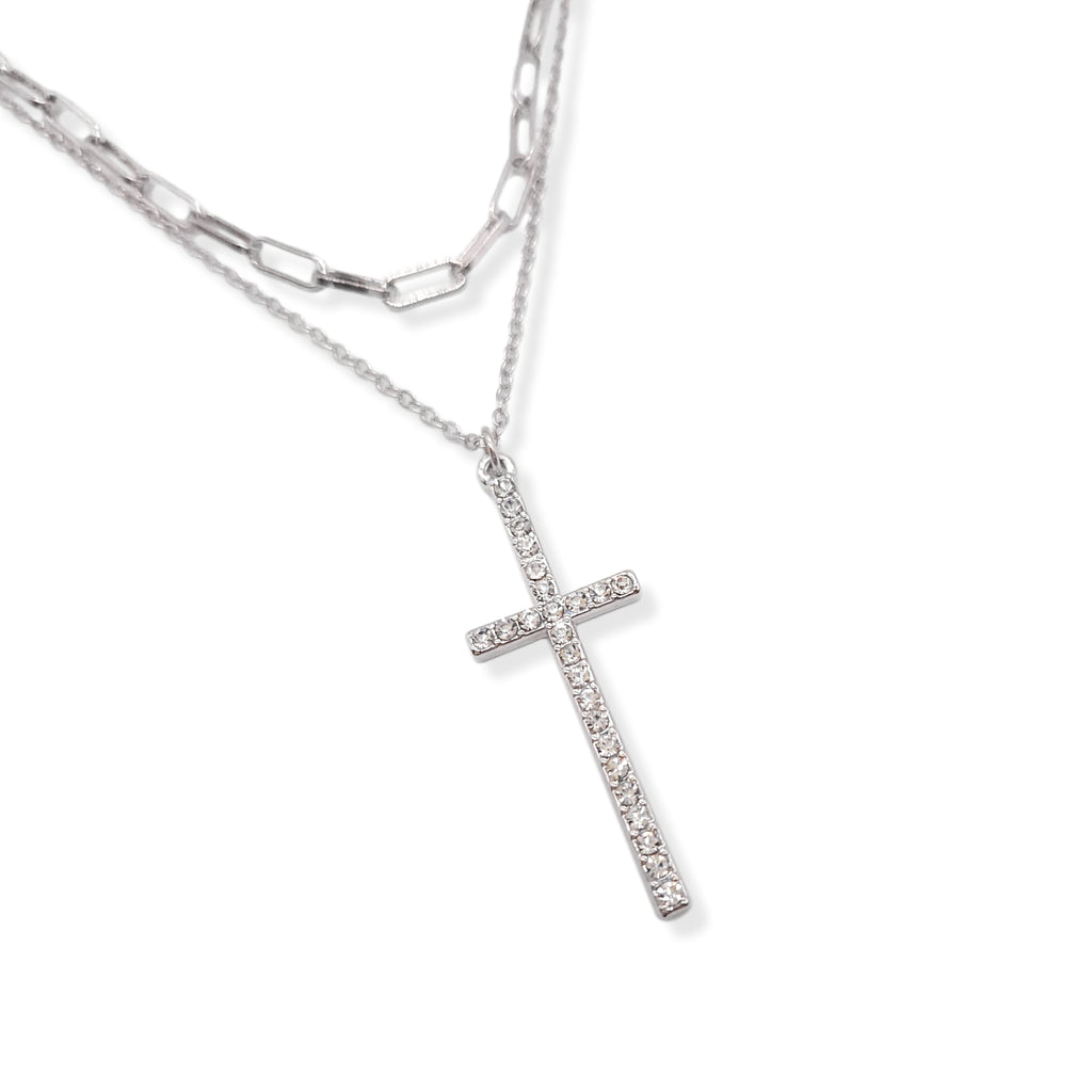 Double Layer Silver Plated Rhinestone Cross Necklace