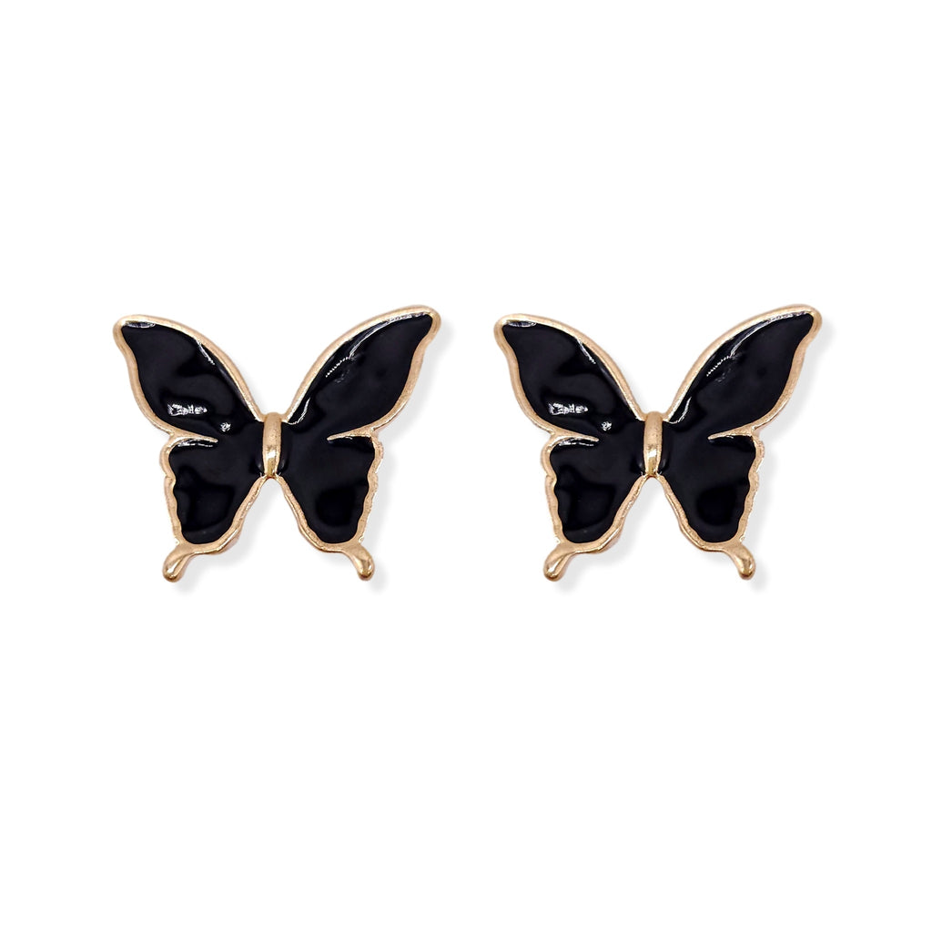 Vintage Black Enamel Butterfly Stud Gold Plated