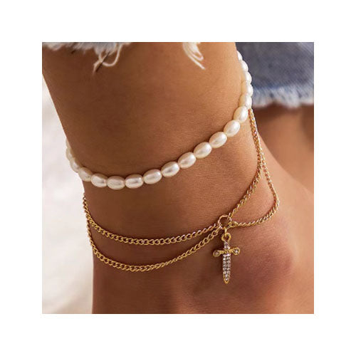 2pk Pearl and Gold Cross Anklet