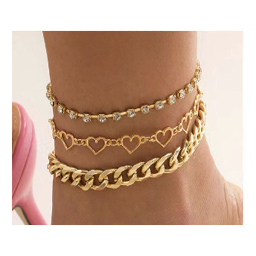Bohemian Multilayer Gold 3pk Crystal Heart Chain Anklet