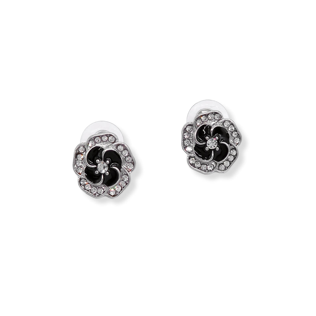 Kiki & Chloe Black Cherry Blossom Silver Diamante Stud Earrings