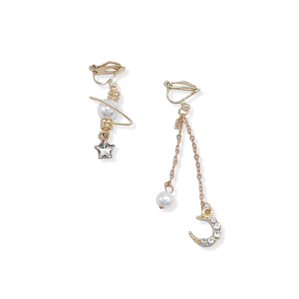 Kiki & Chloe Gold Crescent Moon and Pearl Diamante Clip-on Earrings