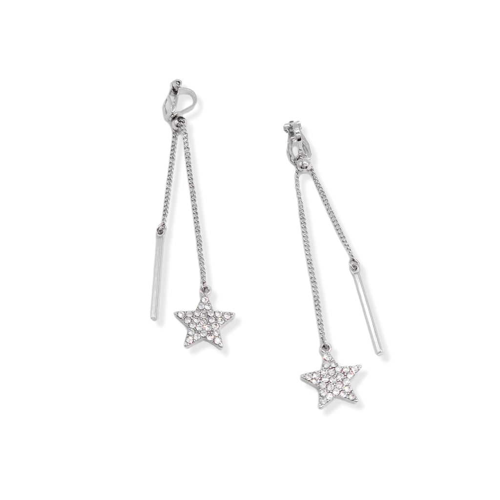 Kiki & Chloe Dangling Silver Diamante Star Bar Clip-on Earrings