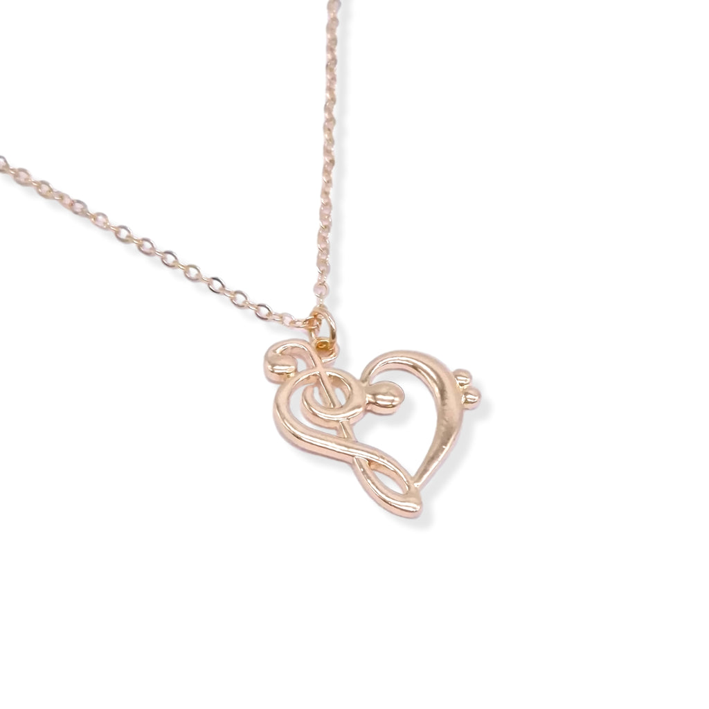 Music Note Hollow Heart Shaped Treble Bass Clef Necklace on 16" Chain